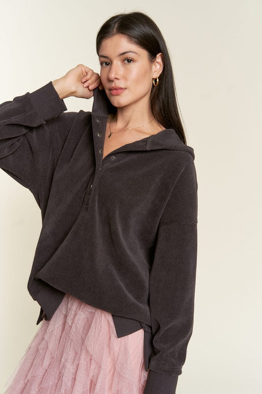 Long Sleeve Button Down Ribbed Hooded Sweatshirt-Charmful Clothing Boutique