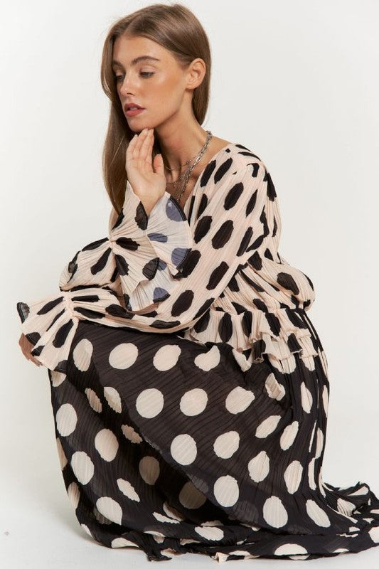 Polka Dot Ruffled Long Sleeve Pleated Maxi Dress-Charmful Clothing Boutique