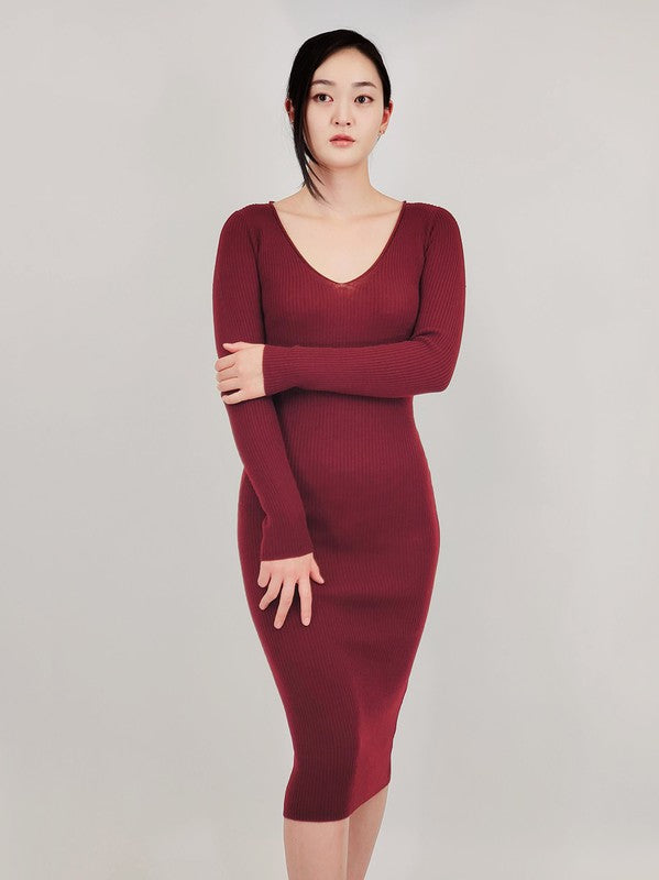 V-Neck Sheer Ribbed Knit Long Sleeve Sweater Dress-Charmful Clothing Boutique