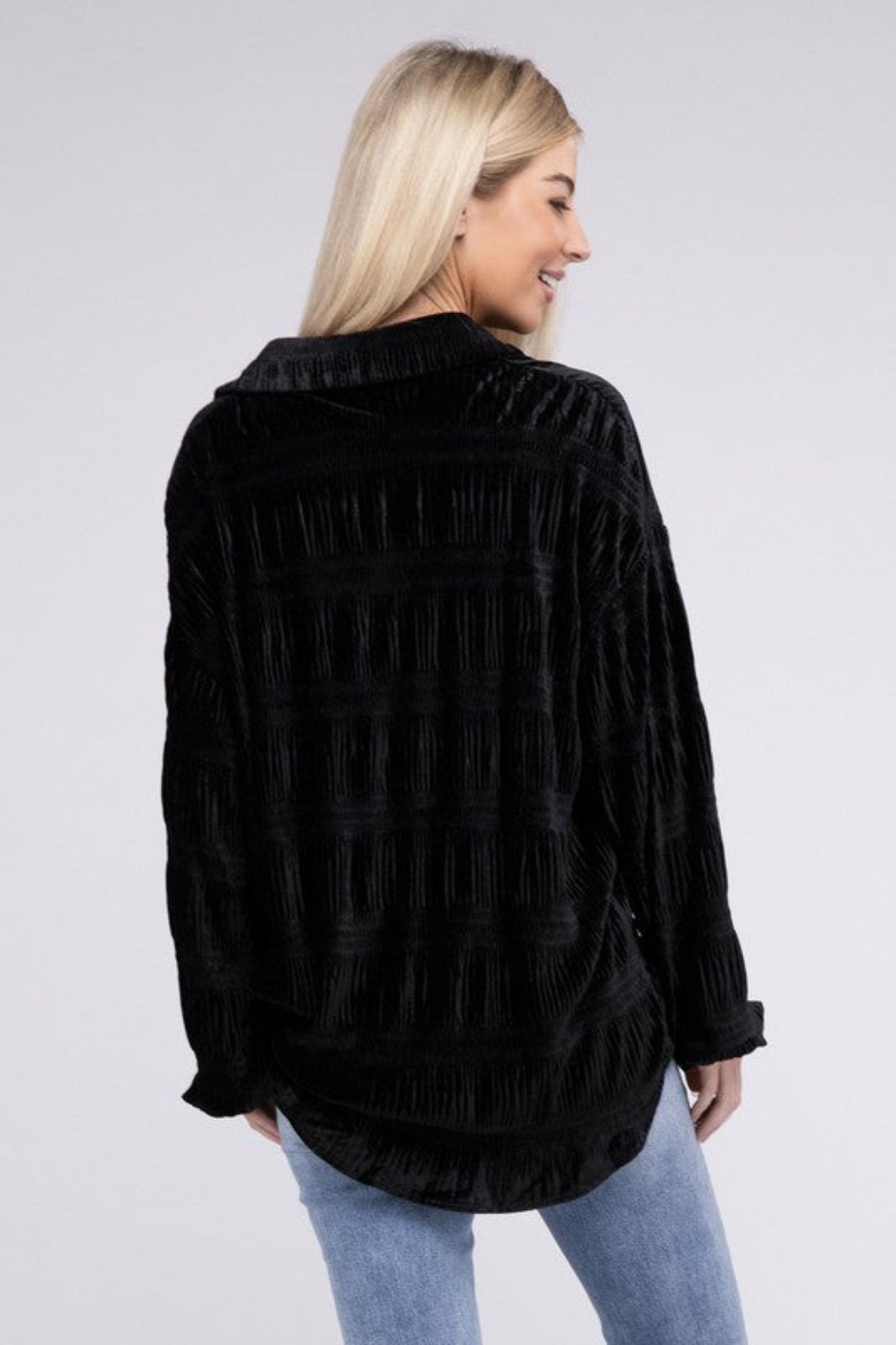 Wrinkle Effect Tiered Shirring Velvet Shirt-Charmful Clothing Boutique