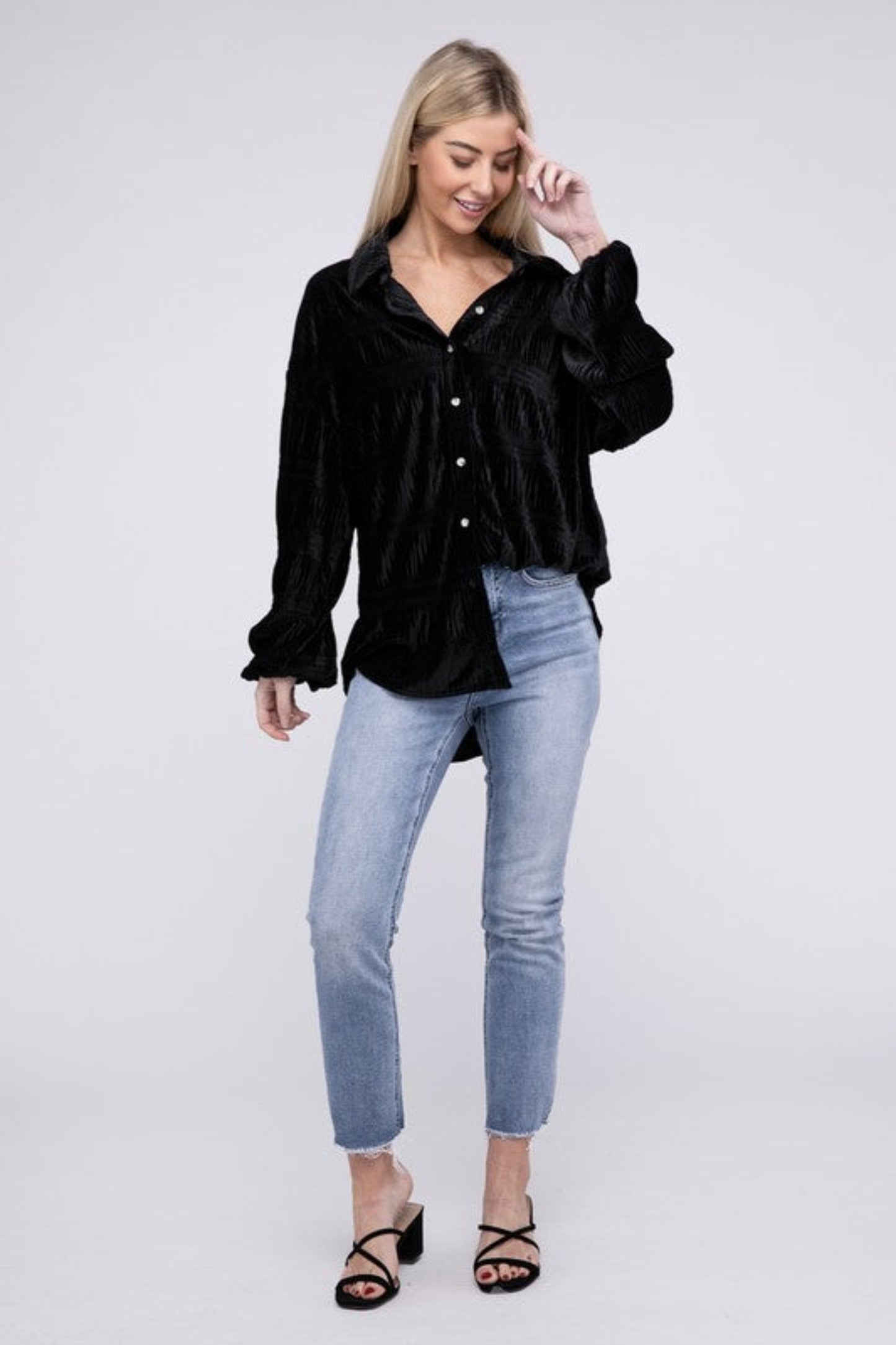 Wrinkle Effect Tiered Shirring Velvet Shirt-Charmful Clothing Boutique