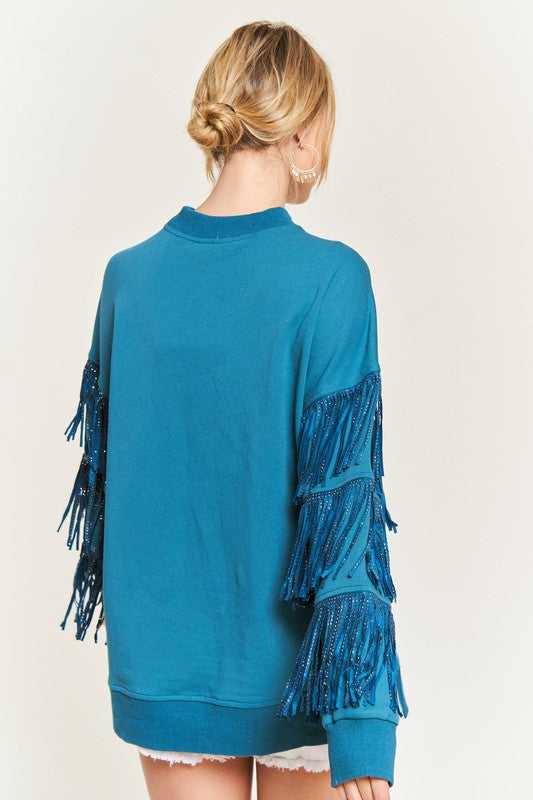 Silver studded fringe sleeve top JJT5009-Charmful Clothing Boutique