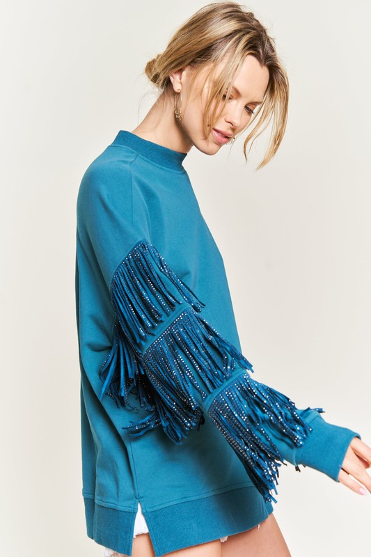 Silver studded fringe sleeve top JJT5009-Charmful Clothing Boutique