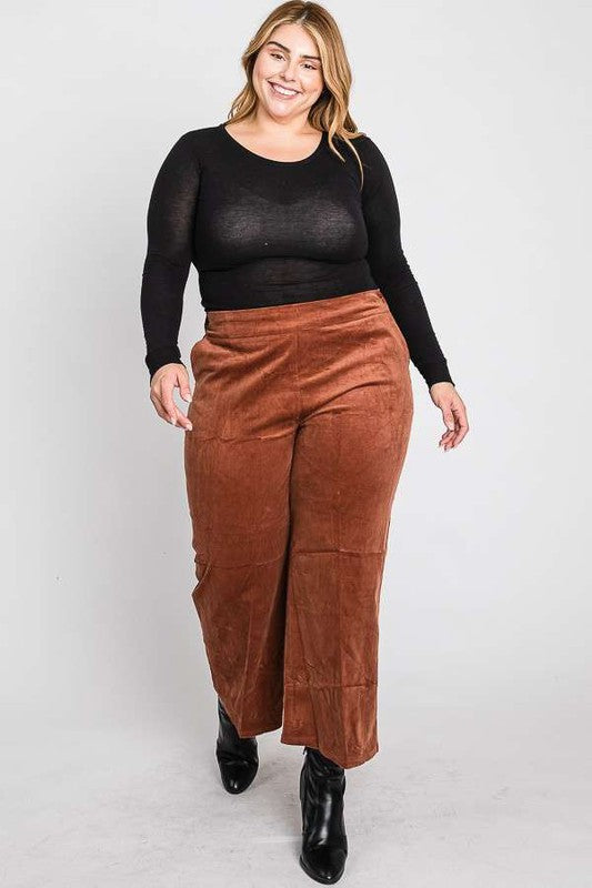 RIBBED VELVET CROP WIDE LEG PANTS PLUS-Charmful Clothing Boutique
