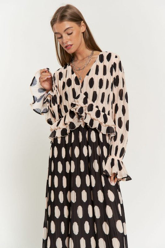 Polka Dot Ruffled Long Sleeve Pleated Maxi Dress-Charmful Clothing Boutique