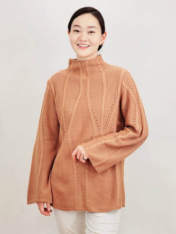 Mock Neck Cable Knitted Tunic Pullover Sweater-Charmful Clothing Boutique