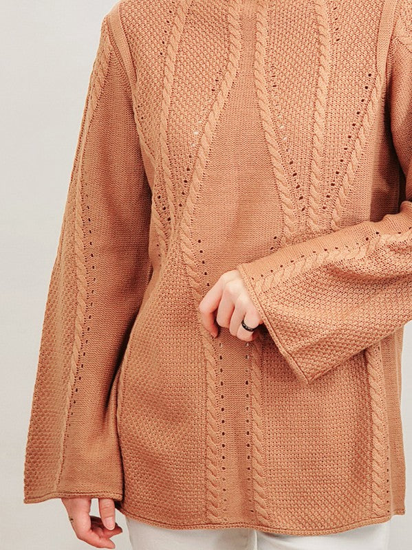 Mock Neck Cable Knitted Tunic Pullover Sweater-Charmful Clothing Boutique