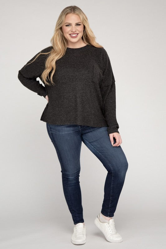 Plus Ribbed Brushed Melange Hacci Sweater-Charmful Clothing Boutique