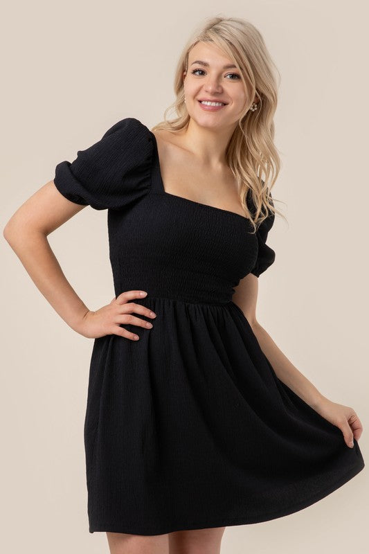 Puff sleeved smocked dress-Charmful Clothing Boutique