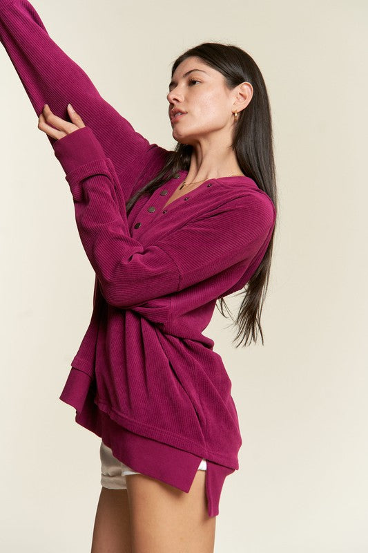 Long Sleeve Button Down Ribbed Hooded Sweatshirt-Charmful Clothing Boutique
