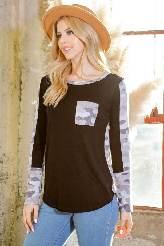 Textured Camo. Print Contrasted Sweater Knit Top-Charmful Clothing Boutique