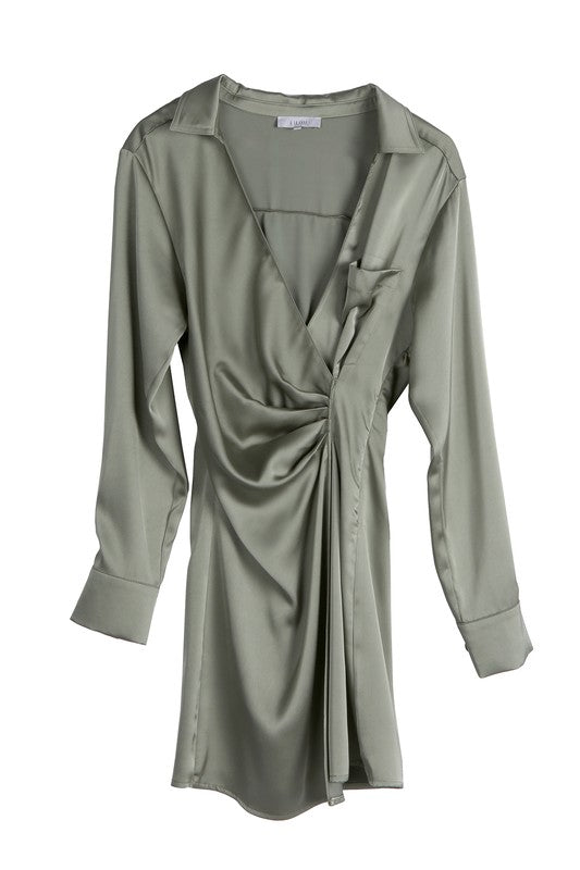 Satin collared wrap mini dress-Charmful Clothing Boutique