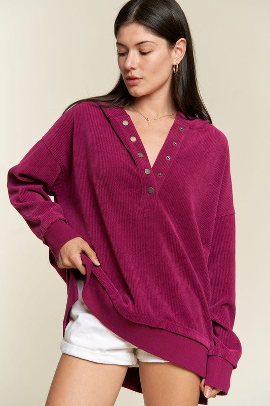 Long Sleeve Button Down Ribbed Hooded Sweatshirt-Charmful Clothing Boutique