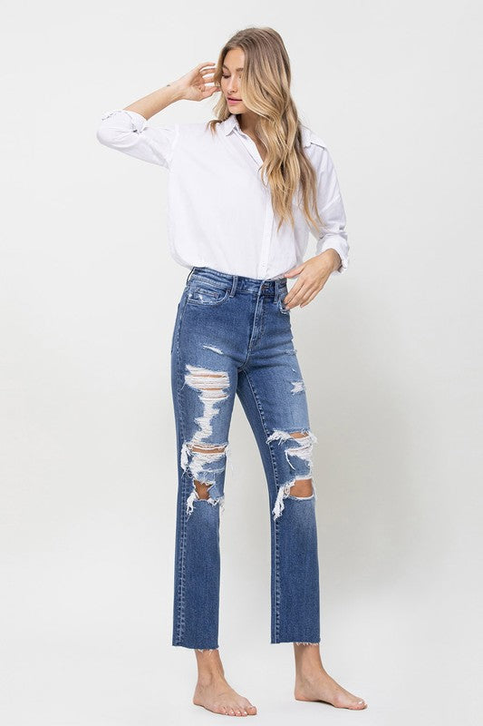Distressed High Rise Ankle Relaxed Straight Jeans-Charmful Clothing Boutique