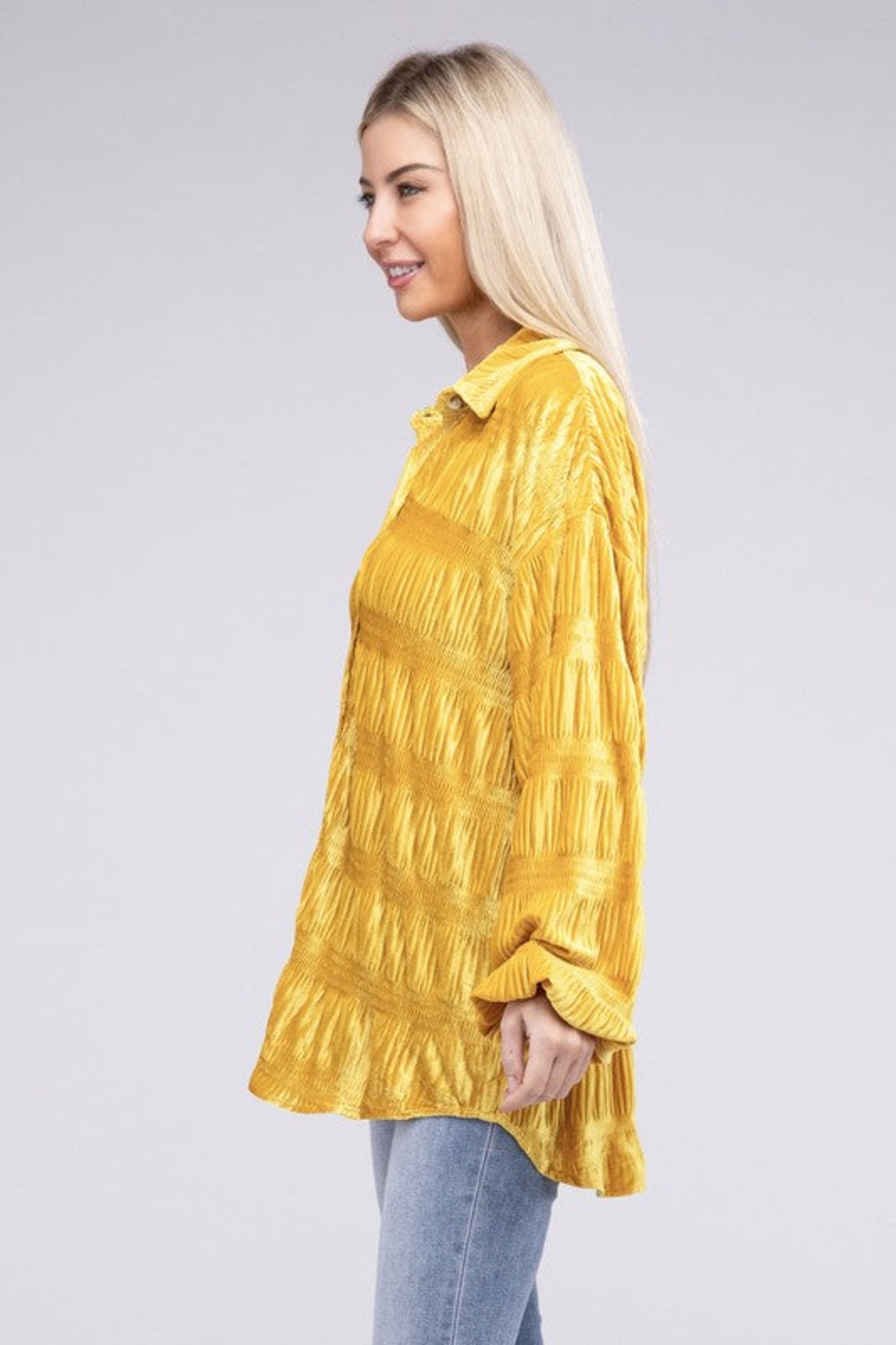 Wrinkle Effect Tiered Shirring Velvet Shirt-Charmful Clothing Boutique