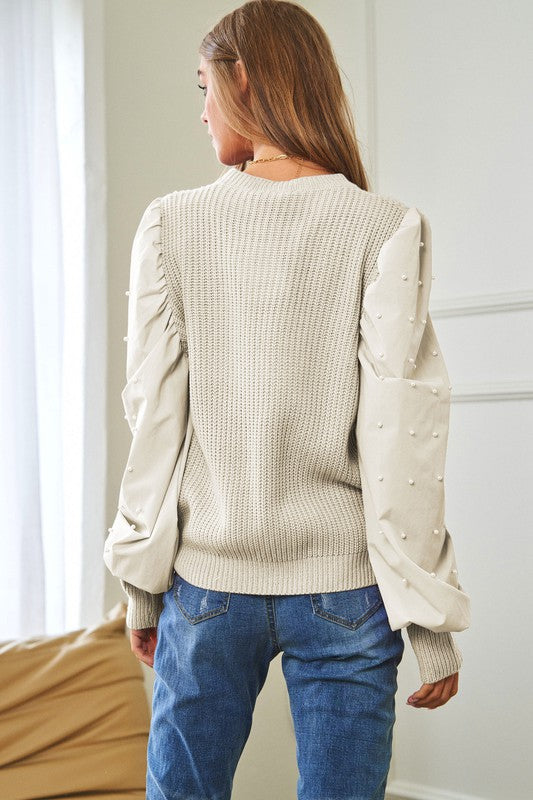 Pearl Embellishments Contrast Sleeves Sweater-Charmful Clothing Boutique