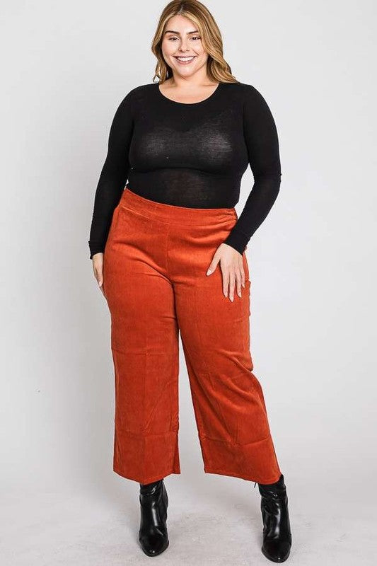 RIBBED VELVET CROP WIDE LEG PANTS PLUS-Charmful Clothing Boutique