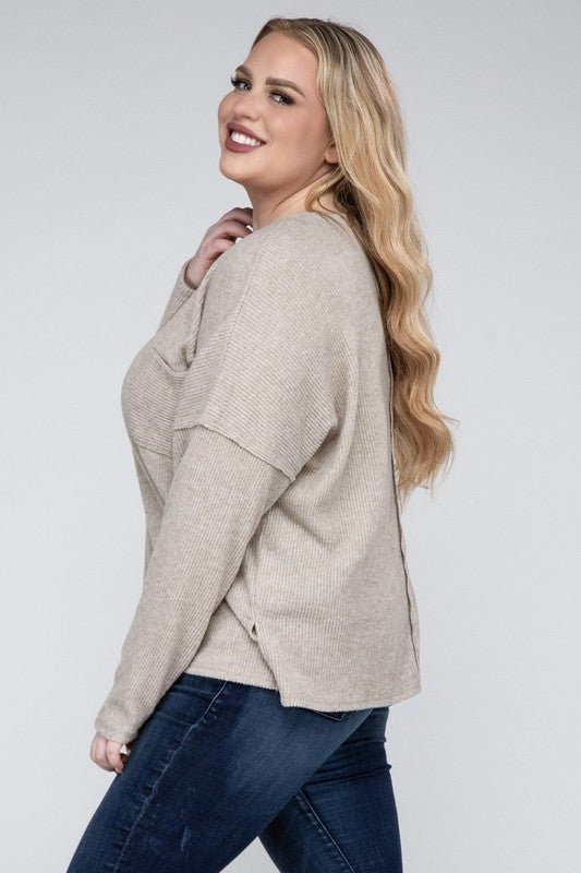 Plus Ribbed Brushed Melange Hacci Sweater-Charmful Clothing Boutique