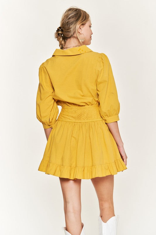 Eyelet detail 3/4 sleeve short dress JBJ1091-Charmful Clothing Boutique