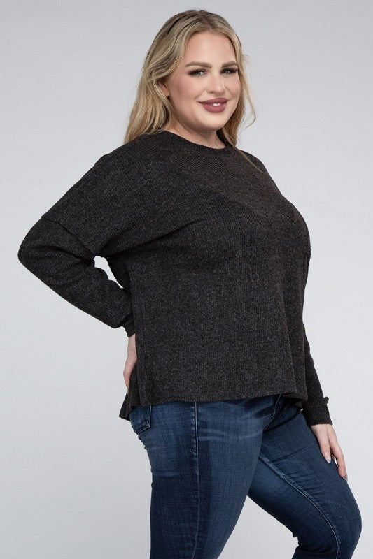Plus Ribbed Brushed Melange Hacci Sweater-Charmful Clothing Boutique