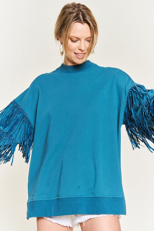 Silver studded fringe sleeve top JJT5009-Charmful Clothing Boutique