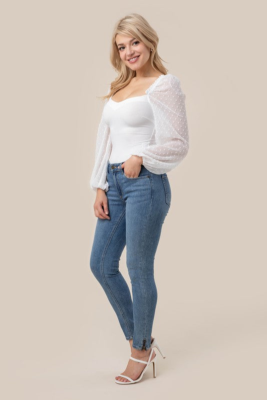 LS shirring sleeve bodysuit-Charmful Clothing Boutique