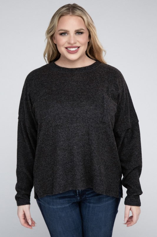 Plus Ribbed Brushed Melange Hacci Sweater-Charmful Clothing Boutique