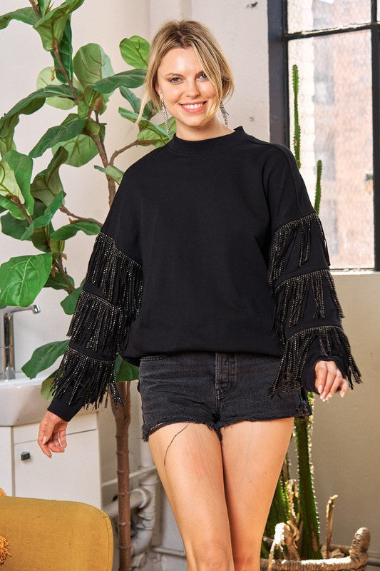 Silver studded fringe sleeve top JJT5009-Charmful Clothing Boutique
