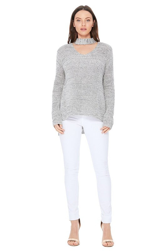 Choker Neck Side Split High Low Knit Top-Charmful Clothing Boutique