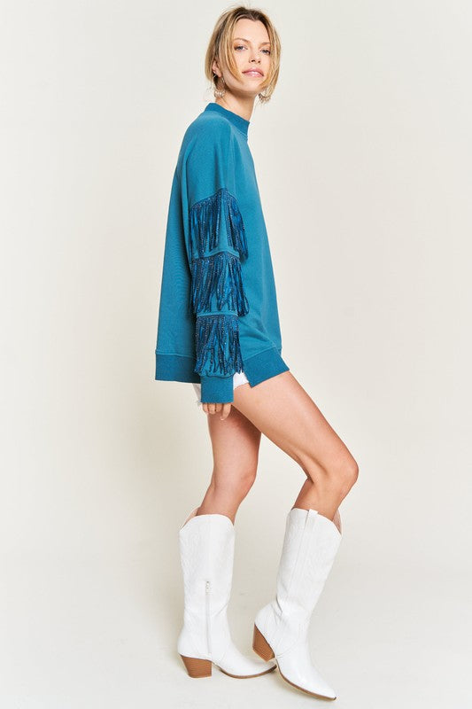 Silver studded fringe sleeve top JJT5009-Charmful Clothing Boutique
