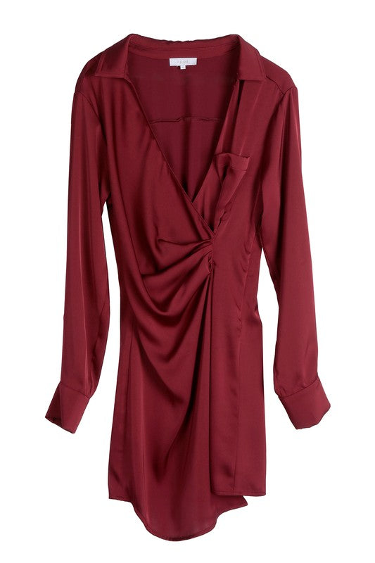 Satin collared wrap mini dress-Charmful Clothing Boutique