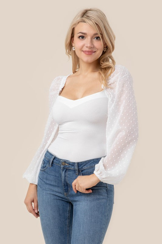 LS shirring sleeve bodysuit-Charmful Clothing Boutique