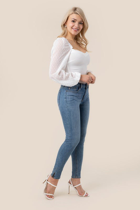 LS shirring sleeve bodysuit-Charmful Clothing Boutique