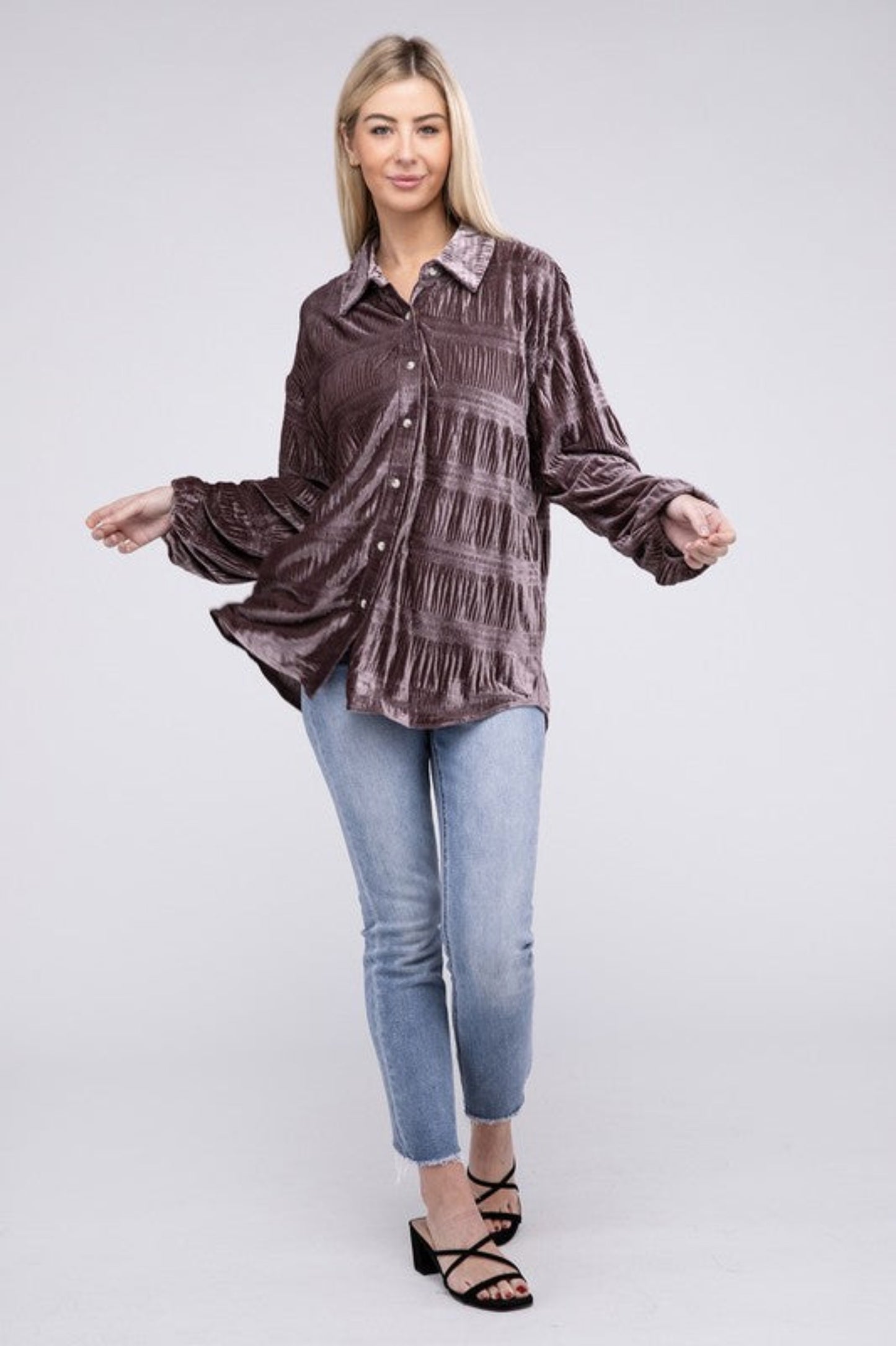 Wrinkle Effect Tiered Shirring Velvet Shirt-Charmful Clothing Boutique