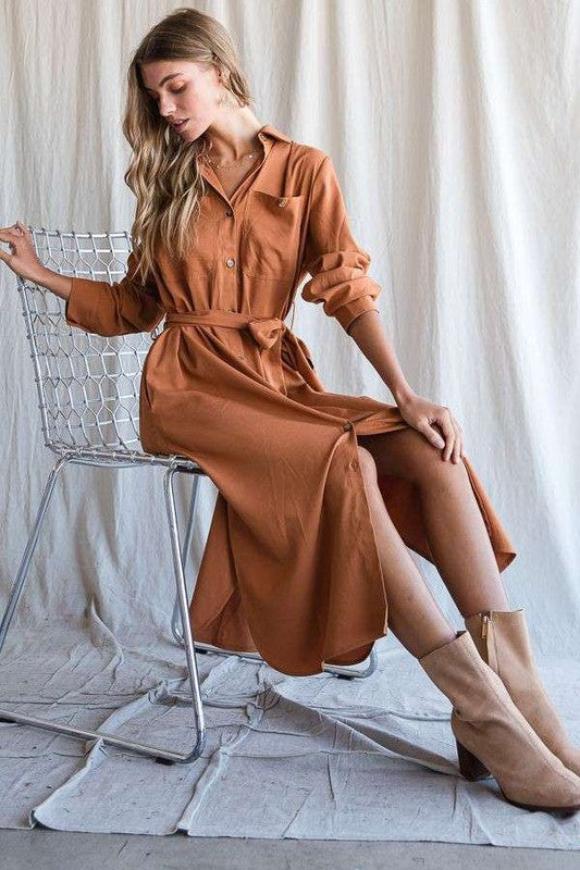 SOLID BUTTON DOWN BELTED LONG DRESS 30-545-Charmful Clothing Boutique