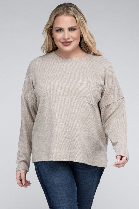 Plus Ribbed Brushed Melange Hacci Sweater-Charmful Clothing Boutique