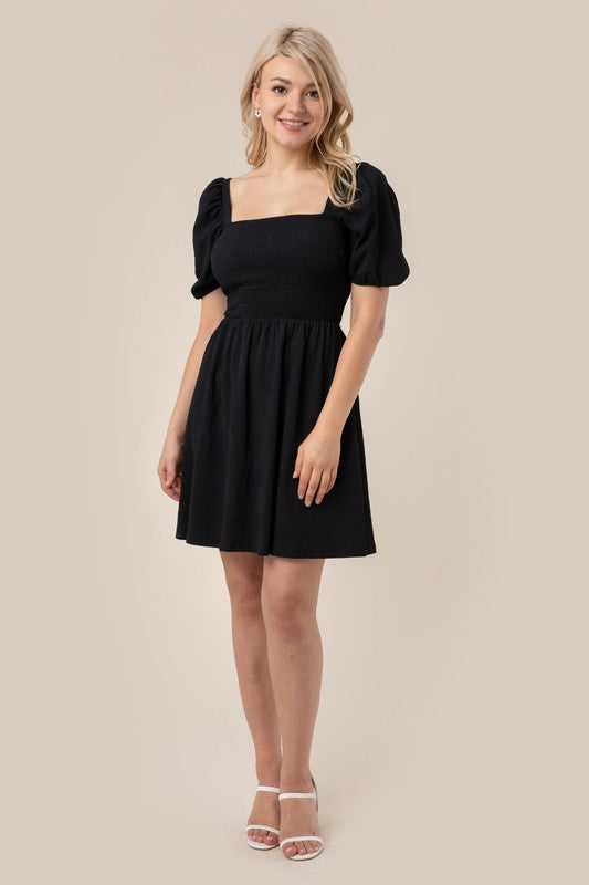 Puff sleeved smocked dress-Charmful Clothing Boutique