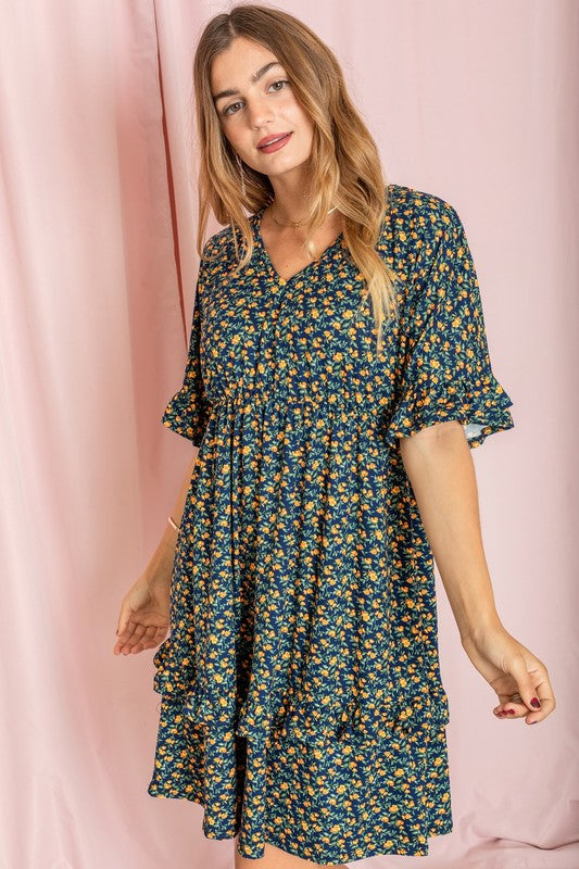 Floral V Neck Ruffle Dress-Charmful Clothing Boutique