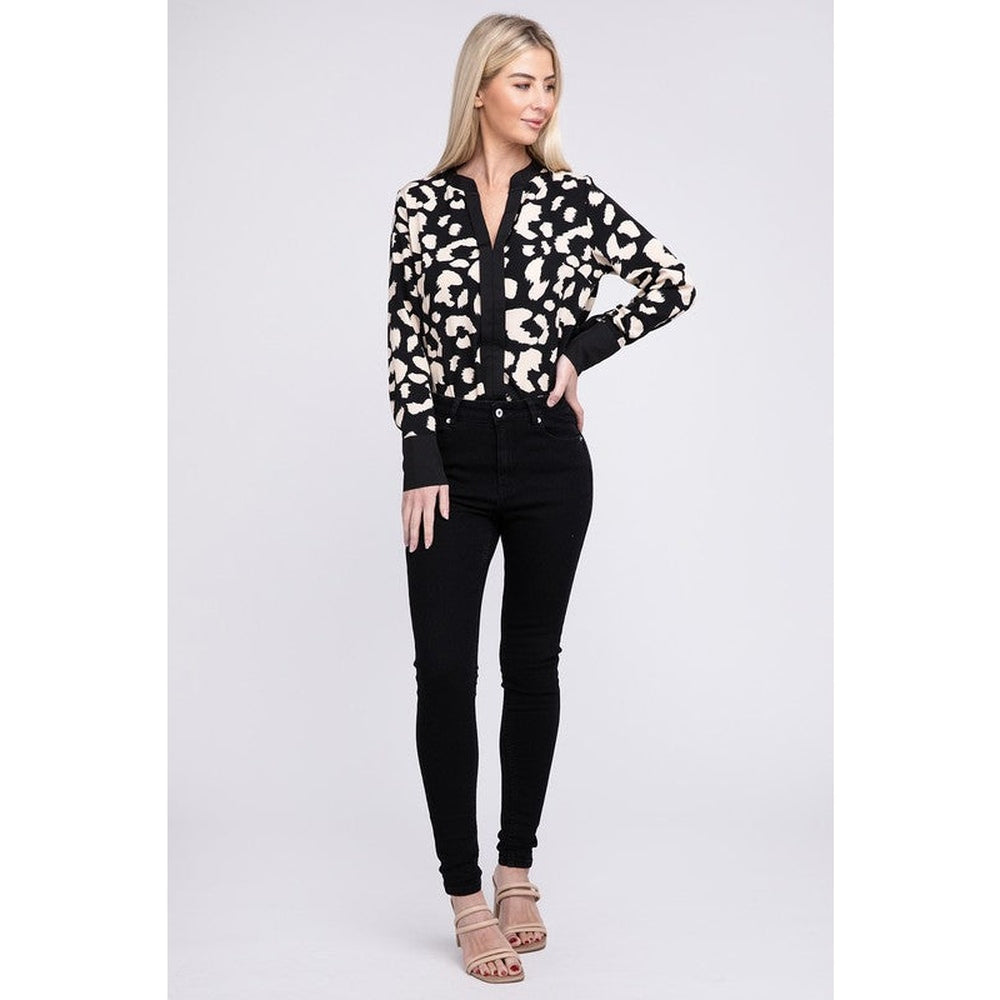 Leopard Notched Neck Blouse-Charmful Clothing Boutique