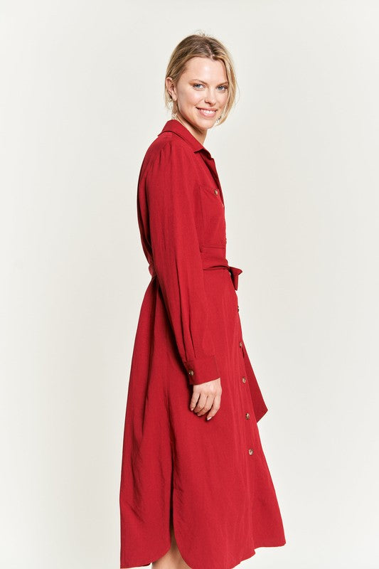 SOLID BUTTON DOWN BELTED LONG DRESS 30-545-Charmful Clothing Boutique