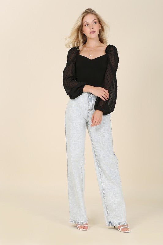 LS shirring sleeve bodysuit-Charmful Clothing Boutique