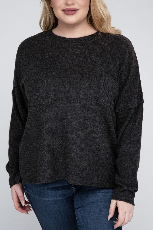 Plus Ribbed Brushed Melange Hacci Sweater-Charmful Clothing Boutique