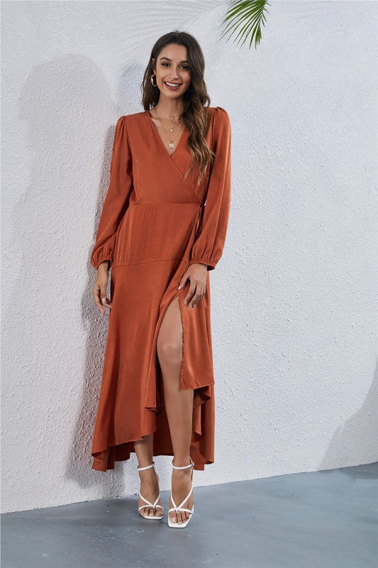 Women's V Neck Long Sleeve Maxi Dress-Charmful Clothing Boutique