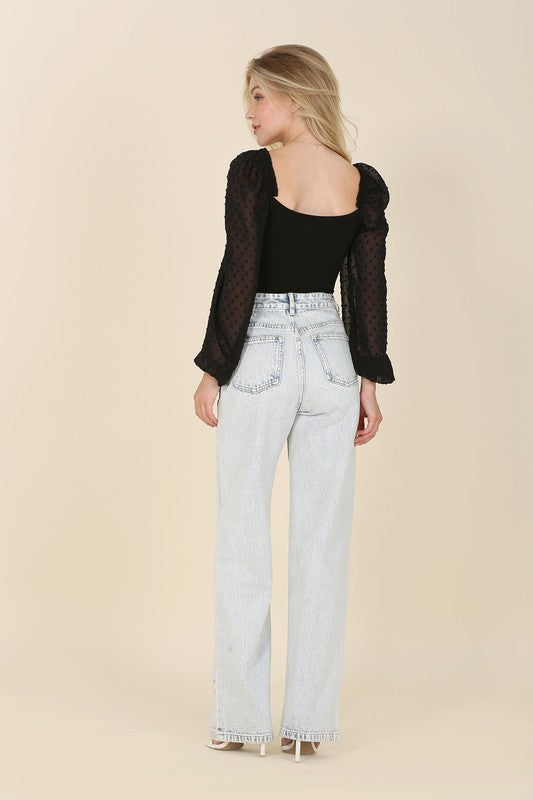 LS shirring sleeve bodysuit-Charmful Clothing Boutique