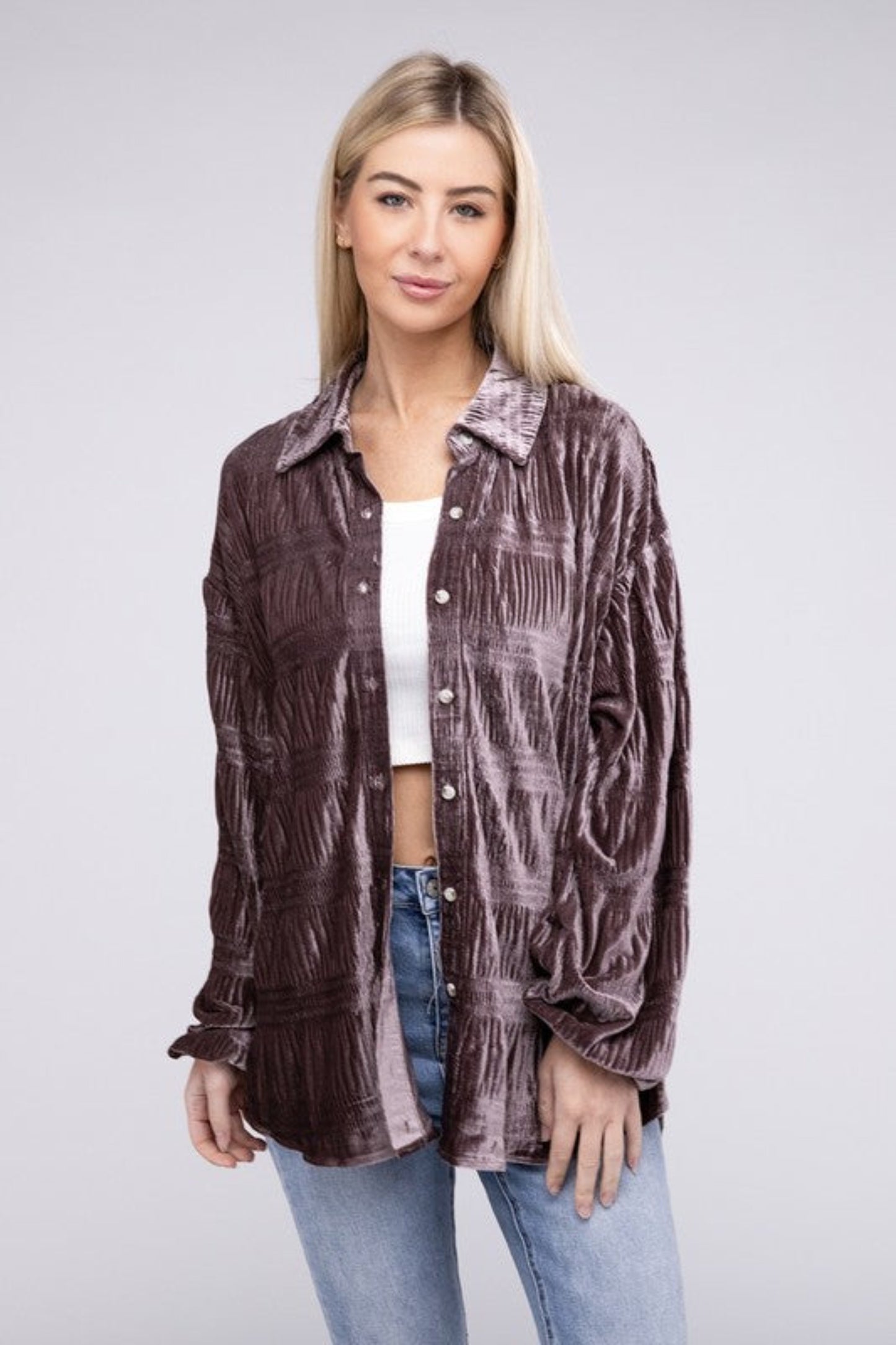 Wrinkle Effect Tiered Shirring Velvet Shirt-Charmful Clothing Boutique