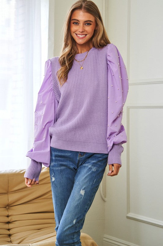 Pearl Embellishments Contrast Sleeves Sweater-Charmful Clothing Boutique