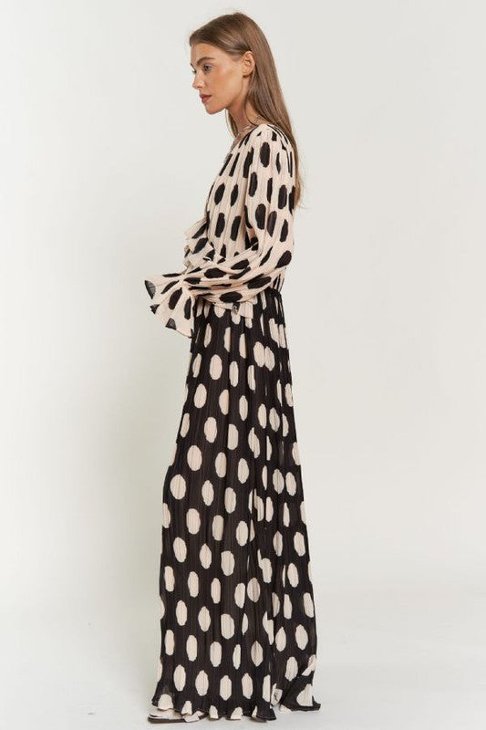 Polka Dot Ruffled Long Sleeve Pleated Maxi Dress-Charmful Clothing Boutique