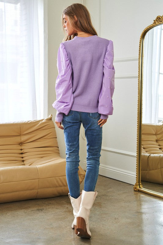 Pearl Embellishments Contrast Sleeves Sweater-Charmful Clothing Boutique
