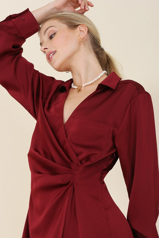 Satin collared wrap mini dress-Charmful Clothing Boutique