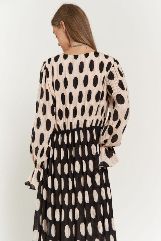 Polka Dot Ruffled Long Sleeve Pleated Maxi Dress-Charmful Clothing Boutique